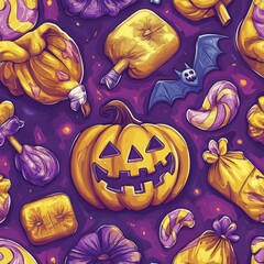 Spooky and Sweet Halloween Pattern Featuring Pumpkins, Candy, and Mischievous Bats