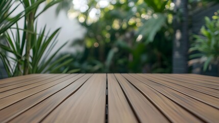 Wooden Tabletop Tropical Garden Background Empty Space