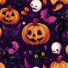 Spooky and whimsical Halloween pattern with pumpkins, bats, cats, and skulls