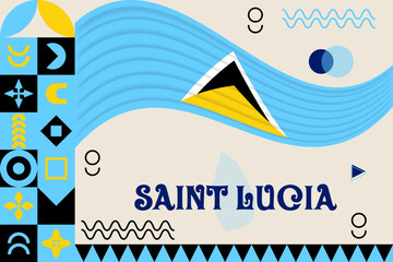 Saint Lucia banner with cultural design. Independence day design for Saint Lucia celebration. Modern neo geometric retro design with flag, map and abstract icons. Light Blue and Yellow.