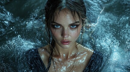 Fototapeta premium Enigmatic beauty amidst water: captivating portrait of a woman in motion