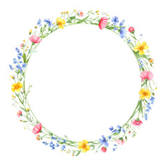 Floral wreath circle frame with colorful wildflowers. Perfect for wedding invitations, spring decorations, and summer designs.