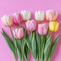 Bouquet of pastel tulips on a bright pink background. Generative AI