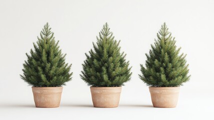 Three small potted fir trees in terracotta pots against a white background