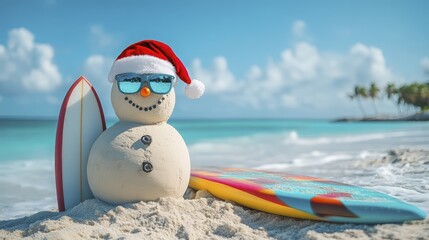 Tropical Christmas Sandman with Surfboards Enjoying a Day at the Beach