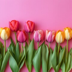 Row of colorful tulips on a pink background. Generative AI