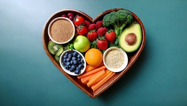 a vibrant photo showcasing a heartshaped bowl filled with nutritious diet foods including fresh fruits vegetables and whole grains promoting heart generative ai