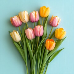 Bouquet of multicolored tulips on a blue textured background. Generative AI