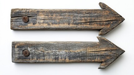 Two rustic wooden arrow signs pointing to the right on white background