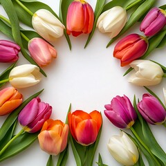 Round frame of multicolored tulips on a white background. Generative AI