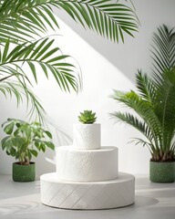 Obraz premium Palm tree in a white vase used as tropical home decor with summer garden vibe