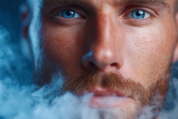 Intense portrait of a male with blue eyes surrounded by ethereal smoke, creating a striking visual impact.
