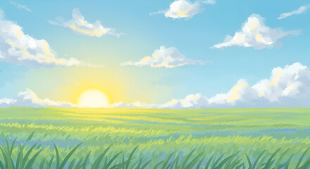 Sunrise over a peaceful meadow with blue sky and fluffy clouds illustration