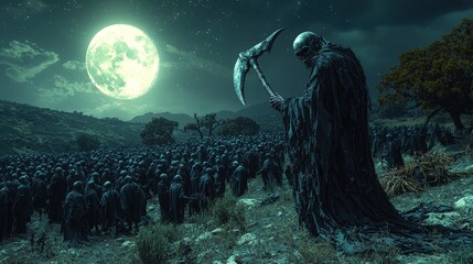Eerie moonlit night: grim reaper overlooks a cloaked crowd in a spooky landscape