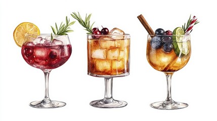Watercolor illustration of three colorful mixed drinks with fruit and garnishes