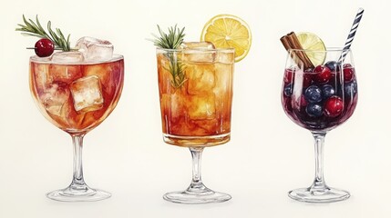 Watercolor illustration of three delicious and refreshing summer cocktails on a white background