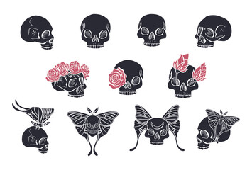 Hand drawn black silhouettes of human skulls with luna moths and roses set isolated on white background. Monochrome Bohemian skeleton heads with butterfly design bundle