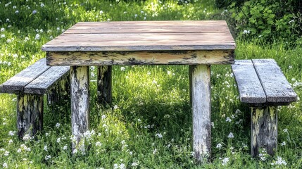 Naklejka premium Rustic Wooden Picnic Table Set in Sunny Meadow