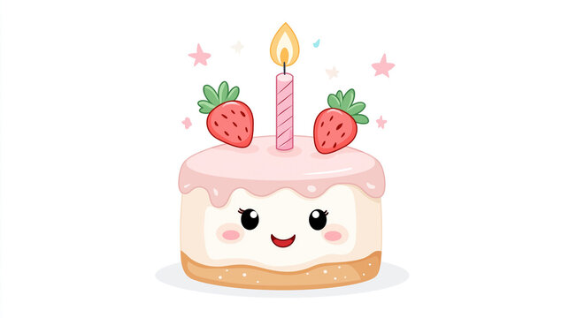 Cute cartoon strawberry cake with candle and smiling face - Powered by Adobe