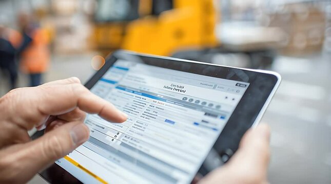 Logistics manager using tablet to check inventory in warehouse - Powered by Adobe