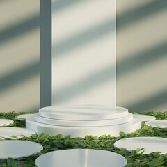 Green Leaves and Stone Slabs Product Display, White Podium and Platform, 3D Rendering with Natural Light, Minimal Stage for Beauty, Skincare, Jewelry, Organic Cosmetic or Tropical Advertising Template