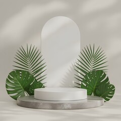 Green Leaves and Stone Slabs Product Display, White Platform in Minimal Room with Tropical Plants, 3D Scene for Organic Cosmetic, Skincare, Summer Beauty Product or Elegant Showcase Background