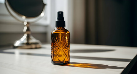 Amber Glass Spray Bottle Sits Elegantly on Table with Mirror in Background