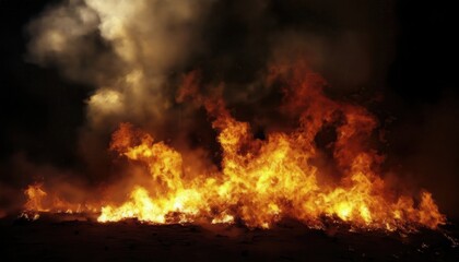 blazing battlefield fire with dense black smoke at night showing intense ground-level destruction and glowing flames consuming debris in wartime chaos

