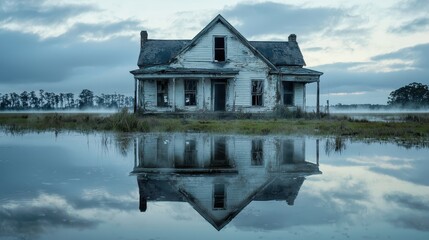 Abandoned House Reflection in Foggy Swamp Landscape at Dusk with Ominous Sky and Overgrown Vegetation