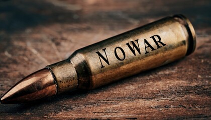 close-up of a single brass bullet with engraved no war message on wooden surface, symbolizing anti war protest, military conflict critique, and peace advocacy

