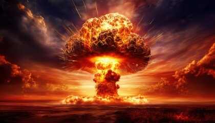 Fototapeta premium glowing nuclear explosion mushroom cloud at sunset with fiery plasma burst and ash plume over barren battlefield under dramatic red and orange stormy sky