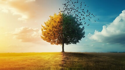 A tree shedding its leaves in summer due to global warming 