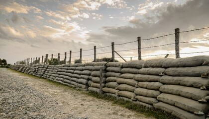 Obraz premium historic world war i trench with stacked sandbags and gravel path under dramatic cloudy sky at sunset, ideal for history article, war memorial design, or educational graphic