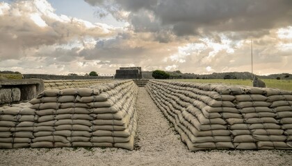 historic world war i trench with stacked sandbags and gravel path under dramatic cloudy sky at sunset, ideal for history article, war memorial design, or educational graphic


