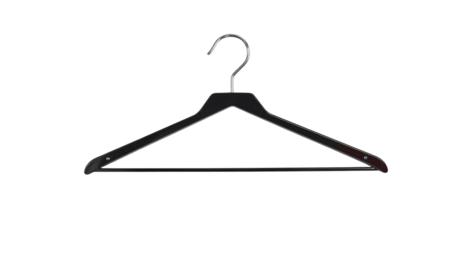 Black plastic clothes hanger isolated on transparent background