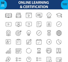 Online Learning and Certification Line Icons, Laptop, Diploma, Course Module, Graduation Cap, Badge, Webinar, Quiz, and More , Editable Formats: AI, EPS, JPG, PNG , Ideal for Both Digital and Print Us