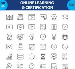 Online Learning and Certification Line Icons, Laptop, Diploma, Course Module, Graduation Cap, Badge, Webinar, Quiz, and More , Editable Formats: AI, EPS, JPG, PNG , Ideal for Both Digital and Print Us