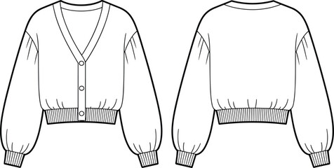 Women's Cropped Cardigan Flat Sketch: Loose Fit with V-Neck, Balloon Sleeves, and Ribbed Hem, Fashion Apparel Design Template