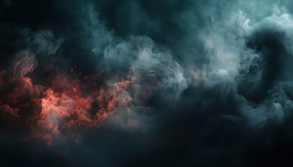 ominous dark war cloud with red embers and blue smoke swirling in chaos, symbolizing battlefield destruction, fiery aftermath, and storm of conflict in abstract motion

