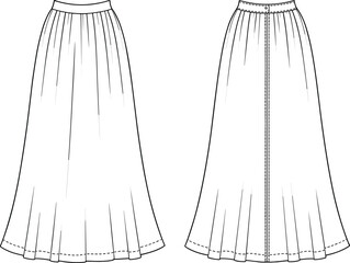 Flowy Maxi Skirt Flat Sketch: Gathered Waistband, A-Line Silhouette, and Center Back Seam, Versatile Women's Apparel Design