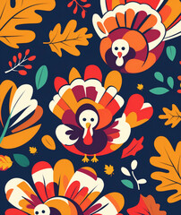Obraz premium Colorful turkeys and autumn leaves create a festive pattern, celebrating harvest season in a warm and vibrant design