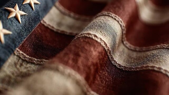 Close-up Fabric Texture of American Flag with Embroidered Stars and Stripes Details
