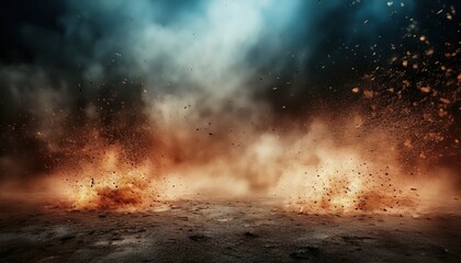 intense battlefield explosion impact with rising debris, dense smoke clouds, and fiery dust bursts on cracked ground for dramatic design or war themed composition

