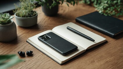 A sleek black phone rests on an open notebook, alongside a pen, earbuds, and potted plants on a wood desk