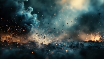 intense ground level explosion impact with flying embers, dense blue smoke, and glowing particles in dramatic dark atmosphere for cinematic design or conflict concept

