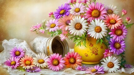 Obraz premium Vibrant Daisy Bouquet in Vintage Vase Still Life Painting