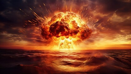 colossal nuclear explosion over ocean at sunset with fiery mushroom cloud and shockwave splash for dystopian web design, sci-fi poster, or concept branding

