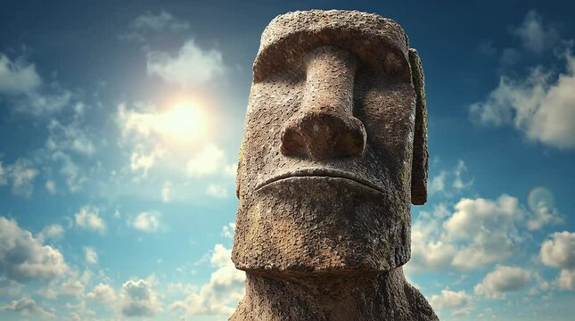 Pixelated Moai Stone Statue Under Partly Cloudy Sky in Daytime Historic Wonder and Cultural Landmark