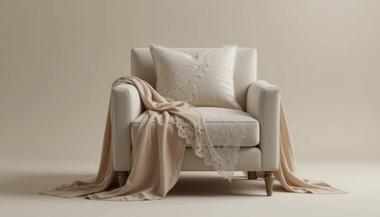 cozy beige armchair is adorned with elegant lace pillow and soft, draped blanket, creating warm and inviting atmosphere. neutral tones enhance serene and sophisticated setting