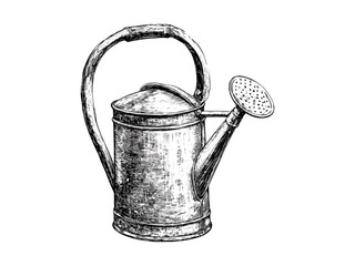 Spring watering can engraving, vintage seasonal garden tool, black sketch illustration, hand-drawn style, flower care decor, old engraving style, trendy garden art, botanical line art © Vintage Studio